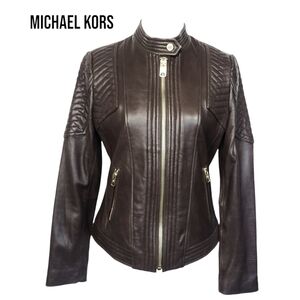 Michael Kors Sz M Full Zip Contrast Quilted 100%  Genuine Leather Moto Jacket.
